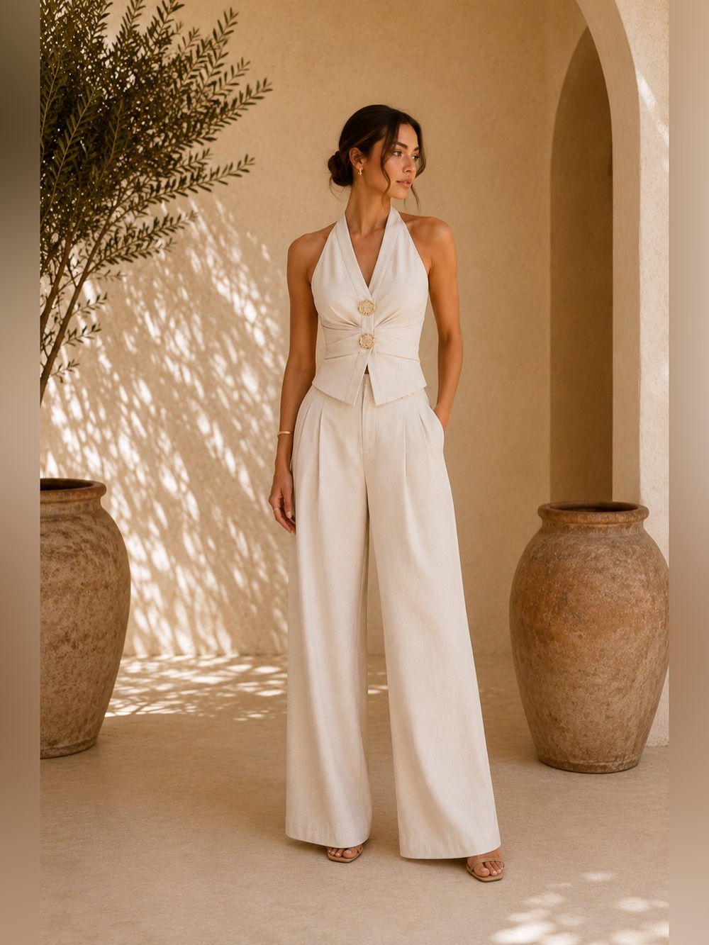 Commense Beige Linen-Blend Ruched Halter Pants Set XS | Quiet Luxury Resort Set